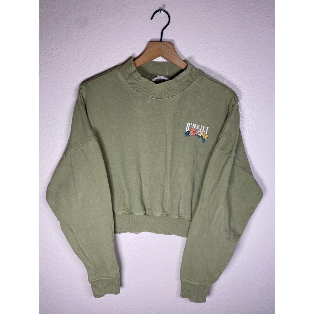 O'Neill Cropped Crewneck Sweatshirt Womens Sz S Green Graphic Surf Skeleton Sun